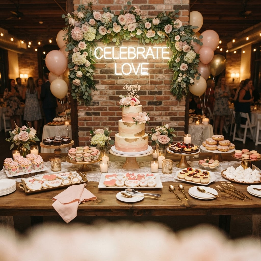 A styled dessert table of cakes, cupcakes and pastries for an event